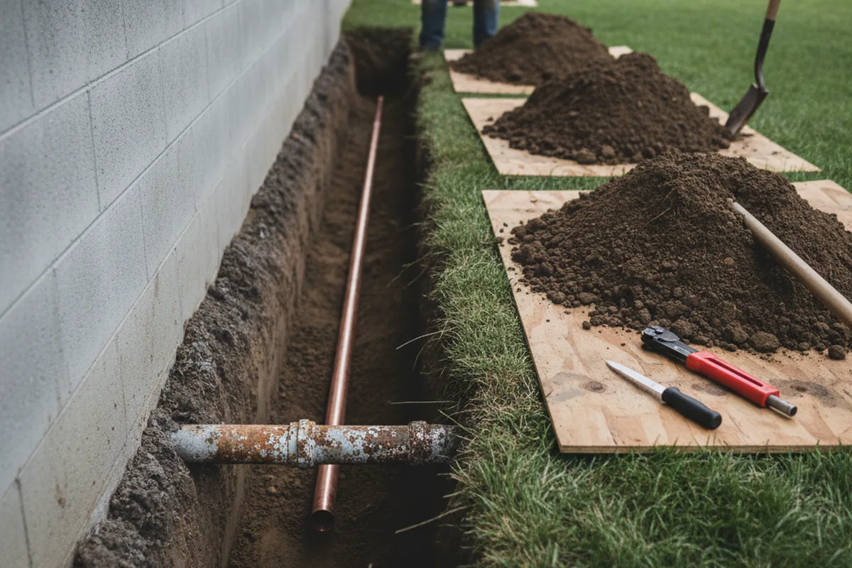 Excavated water line trench during Sewer Line Repair in Osseo
